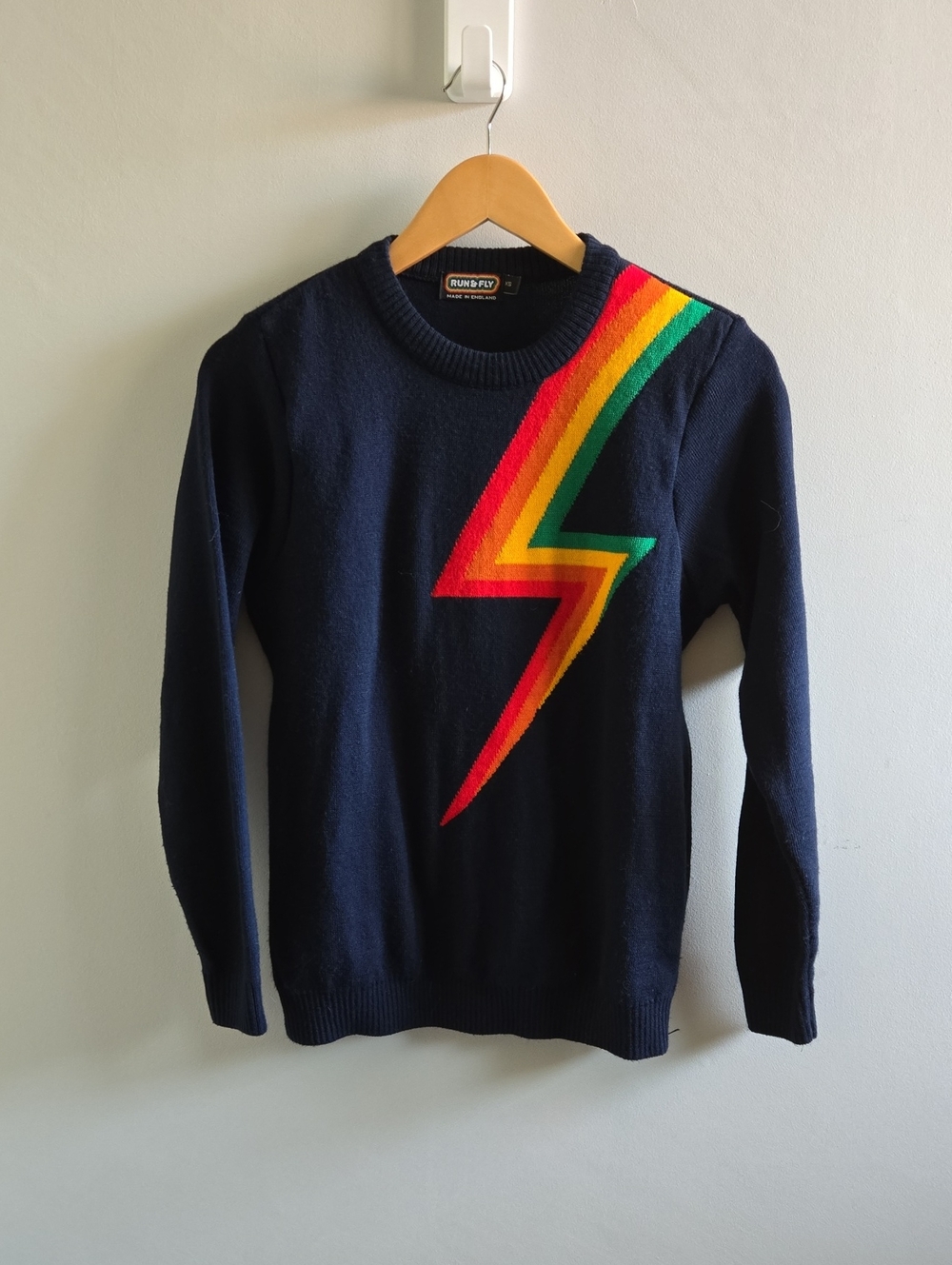 Vintage Run & Fly Blue Sweater with Colourful Lightning Bolt Size XS